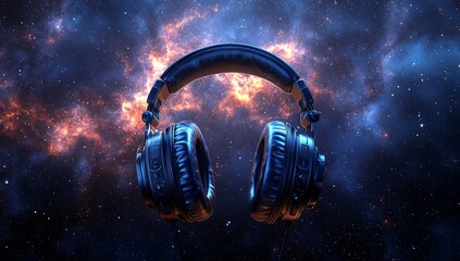 Wall Mural - a captivating sci-fi art representation of marketing-inspired headphones floating in space, brought 