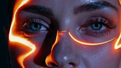 Leinwandbilder - an extreme close-up of a woman's blue eyes with glowing orange light streaks flowing across her face.