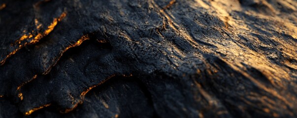 Poster - Rough textured surface of black volcanic rock glowing in the setting sun