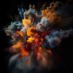 Poster - Explosive Color Burst: A vibrant explosion of multicolored powder creates a dramatic and dynamic visual, with swirling shades of orange, red, gray, and black against a dark background.