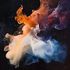 Poster - Cosmic Dance of Color:  A mesmerizing swirl of vibrant orange, blue, and white ink creates an abstract masterpiece against a deep black background, resembling a nebula in outer space.