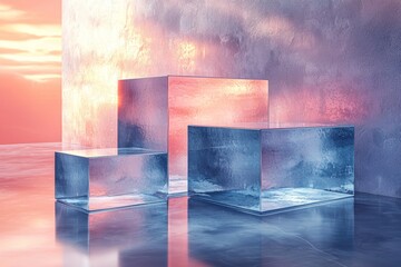 Poster - a horizontal visual of transparent geometric shapes and overlapping layers with an abstract backgrou