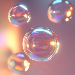 Poster - Iridescent Bubbles:  Floating orbs of iridescent light, shimmering with pastel hues and reflecting a soft, warm glow.  A dreamy, ethereal image perfect for backgrounds and design projects. 