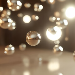 Poster - Floating Silver Spheres: Abstract image of shimmering silver spheres floating in a dark space, creating a sense of ethereal beauty and captivating movement.