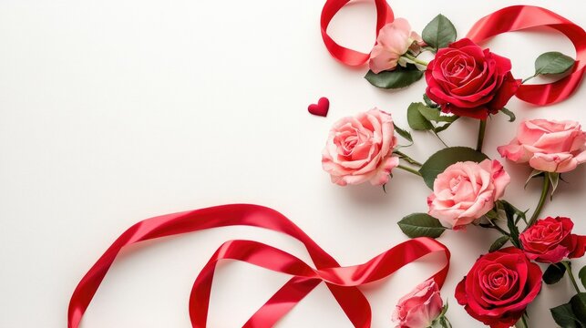 Elegant Valentine's Day banner with pink roses and a red satin ribbon curling gracefully around the floral arrangement