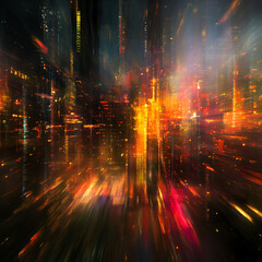 Poster - City Lights in Motion: A mesmerizing abstract representation of a bustling metropolis, captured in a dynamic swirl of vibrant colors and motion. The cityscape explodes with a symphony of light.