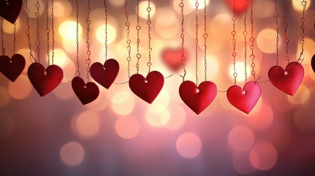 Festive Valentine's Day banner with heart garlands in shades of red and pink, set against a glowing romantic backdrop