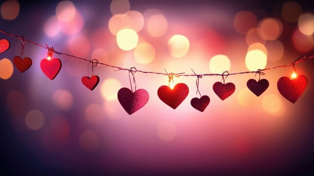 Festive Valentine's Day banner with heart garlands in shades of red and pink, set against a glowing romantic backdrop