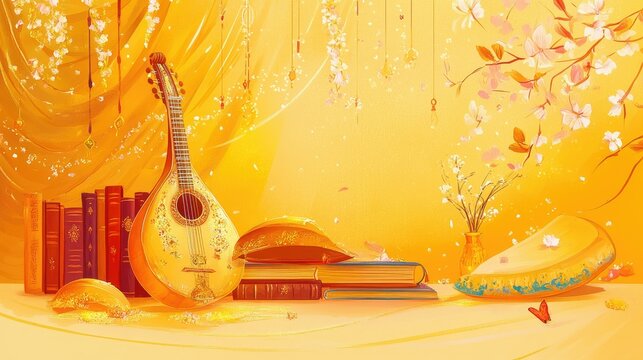 Festive Vasant Panchami banner with a detailed illustration of a decorated stage, veena, tabla, and books under a golden-yellow backdrop