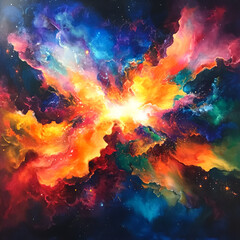 Poster - Cosmic Explosion: A mesmerizing abstract painting of a vibrant nebula, bursting with color and energy. This captivating artwork is an explosion of imagination.