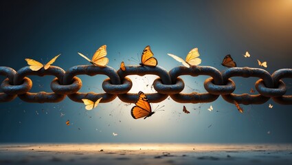 Poster - colorful butterflies emerging from a rusted chain symbolize freedom in a dramatic setting