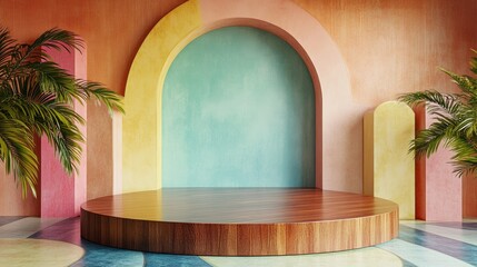 Wall Mural - Modern wooden podium in a circular design, styled with a colorful retro-inspired backdrop featuring pastel tones and abstract shapes