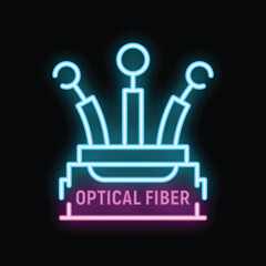 Poster - neon sign representing a fiber optic distribution point with three cables going out, symbolizing dat