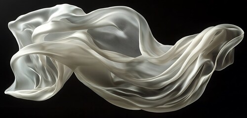 Wall Mural - soft, flowing white silk fabric gracefully suspended in the air, set against a black background.