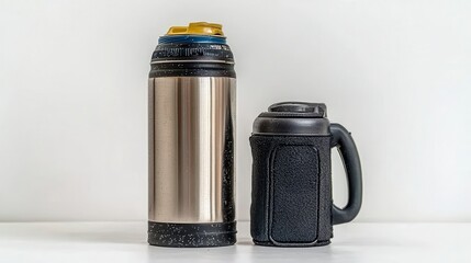 Stainless Steel and Black Speckled Insulated Bottles on White Background