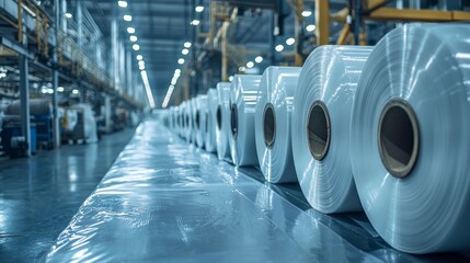 Poster - Bright and spacious industrial area showcases numerous large rolls of white material, organized neatly along the production line beneath rows of overhead lights, emphasizing efficiency