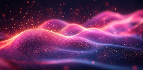 Poster - A dark abstract background features a glowing wave with shimmering, dynamic lines. The wave is made of a modern purple and blue gradient, embodying a futuristic technology concept