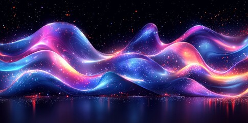 Poster - Glowing waves on a dark background are accompanied by shimmering, moving lines. The gradient of the waves transitions from purple to blue, representing a modern, futuristic technology theme