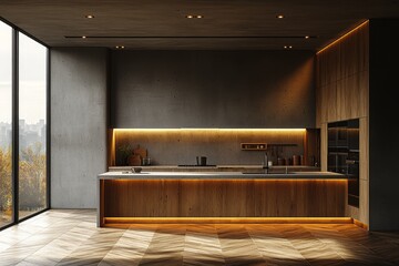 Poster - A mock-up of an empty, modern black kitchen interior. Perfect for furniture template purposes