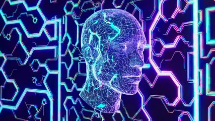 Poster - a glowing digital human head emerging from an illuminated futuristic wall. A