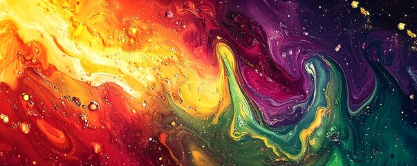 Wall Mural - Splashes of colorful liquid paint in vibrant shades of red, yellow, green, and purple, creating a chaotic yet beautiful scene.