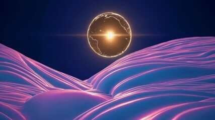 Aufkleber - a glowing golden orb floating above a futuristic landscape with flowing pink and blue waves.