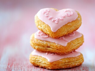 Wall Mural - Three pink heart shaped cookies stacked on top of each other