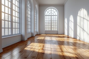 Aufkleber - A modern, sunny, and empty loft room with white walls and wooden flooring
