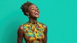 © artzone - Laughing African Woman in Yellow Floral Dress Against Teal Background