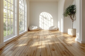 Aufkleber - A sunny, empty modern loft room featuring white walls and a wooden floor