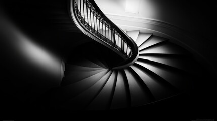 Poster - Intricate staircase design in a historic building showcasing elegant curves and ornate railings lit by natural light during the daytime