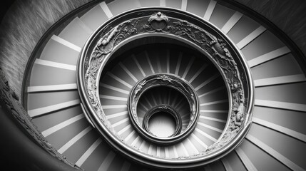 Poster - Intricate staircase design in a historic building showcasing elegant curves and ornate railings lit by natural light during the daytime