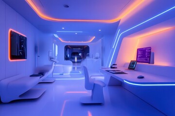 Poster - Modern office workspace featuring sleek design elements and advanced technology set against a backdrop of large windows in bright daylight