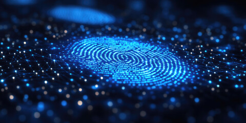 Poster - Detailed view of a vibrant blue digital fingerprint highlighting modern biometric security measures. This representation emphasizes the importance of data protection and cybersecurity in technology