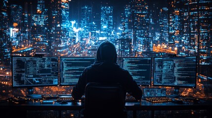 Poster - A cybersecurity concept featuring the rear view of a hacker working at a desk, surrounded by advanced technology, attempting to breach a network against a neon light blue background