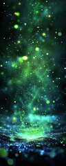 Poster - Immerse yourself in a mesmerizing display of light and color, as sparkling particles dance against a deep green background, evoking the beauty of the cosmos.