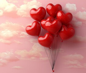 Wall Mural - Heart-shaped red balloons floating against a soft pink background, evoking romance and joy. Perfect for celebrations, gatherings, Valentine's Day, or any special occasion