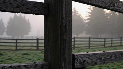 Aufkleber - Misty morning on a serene farm with wooden fences and trees in the background