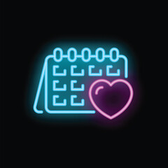 Poster - Glowing neon calendar with heart shape for romantic dates, wedding planning, anniversaries, and special occasions