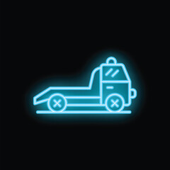 Canvas Print - Blue neon icon of a tow truck glowing on a black background