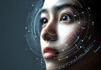 Aufkleber - This striking image merges humanity and technology, showcasing a woman’s face overlaid with intricate digital patterns, symbolizing the intersection of artificial intelligence and personal identity.