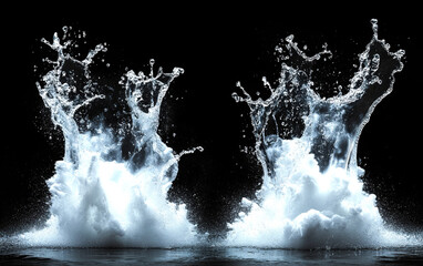 Poster - A mesmerizing display of dynamic water splashes captured against a stark black background, illustrating power and elegance in motion.
