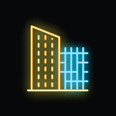 Poster - Glowing neon icon of an urban high rise building under construction with visible metal scaffolding