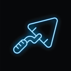 Poster - Glowing neon line icon of a trowel, a tool for construction and building, on a black background