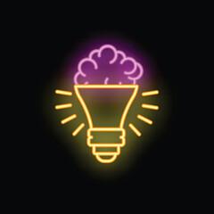 Poster - Neon lightbulb with brain replacing glass bulb shining brightly representing idea generation, creativity and intelligence