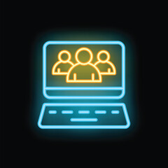 Poster - Neon icon of a group of people connecting online using a laptop computer, representing concepts such as online community and digital communication