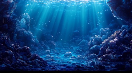 Wall Mural - the dark blue waters of a deep ocean with sun rays illuminating the rocky seabed, creating an underw
