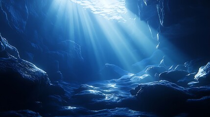Wall Mural - the dark blue waters of a deep ocean with sun rays illuminating the rocky seabed, creating an underw