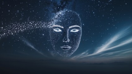 Wall Mural - Night sky filled with stars reveals a cosmic face in a serene celestial landscape at twilight