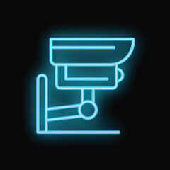 Poster - Blue neon icon of a security camera glowing on a dark background